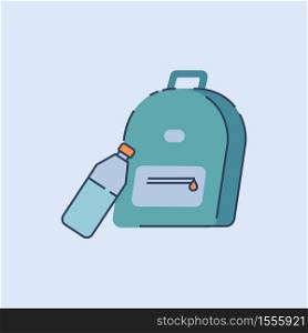 Sport backpack semi flat RGB color vector illustration. Small rucksack with water bottle for traveling and outdoor activities. Convenient haversack isolated cartoon object on blue background. Sport backpack semi flat RGB color vector illustration