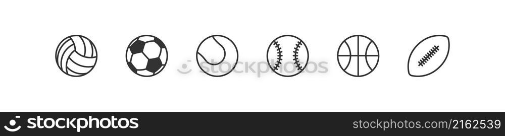 Sport ball black line icon set. Volleyball, football, tennis, baseball, basketball flat isolated vector