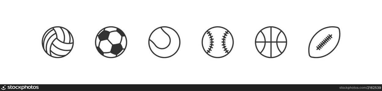 Sport ball black line icon set. Volleyball, football, tennis, baseball, basketball flat isolated vector