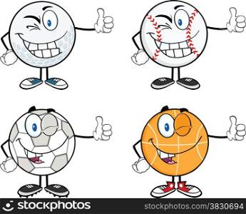 Sport Ball Mascot Cartoon Character Giving A Thumb Up. Collection Set