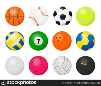 Sport balls. Cartoon equipment for playing sport games, football basketball baseball volleyball and rugby game balls. Vector illustration different equipment for game set. Sport balls. Cartoon equipment for playing sport games, football basketball baseball volleyball and rugby game balls