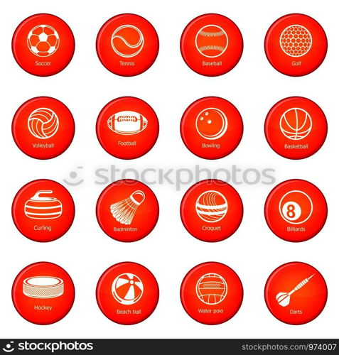 Sport balls equipment icons set vector red circle isolated on white background . Sport balls equipment icons set red vector