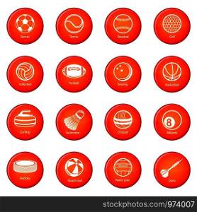 Sport balls equipment icons set vector red circle isolated on white background . Sport balls equipment icons set red vector