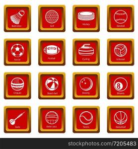 Sport balls equipment icons set vector red square isolated on white background . Sport balls equipment icons set red square vector