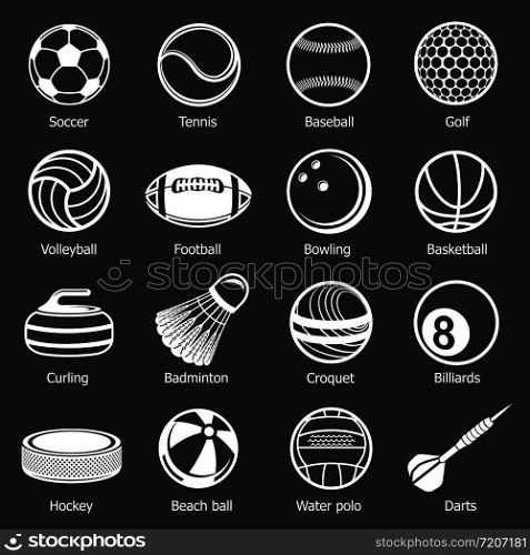 Sport balls equipment icons set vector white isolated on grey background . Sport balls equipment icons set grey vector
