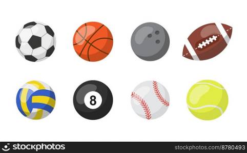 Sport balls isolated on white backgrund. Sports equipment pack. Set Of Soccer, Basketball, Bowling, Rugby, Volleyball, Billiard, Baseball and Tennis. Vector stock