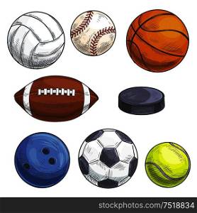 Sport balls set. Hand drawn color pencil illustration. Vector sketch icons of sports gaming accessories. Freehand drawings of balls for rugby, football, soccer, baseball, basketball, tennis, hockey puck, bowling, volleyball.. Sport balls set. Hand drawn color pencil sketch icons.