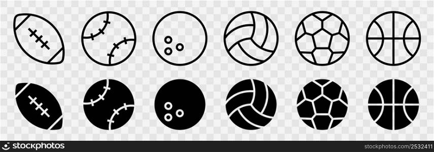 Sport balls vector icons set. Ball simple icon. Balls silhouettes for football, baseball, basketball, tennis, volleyball isolated on white background. Vector illustration.. Sport balls vector icons set. Ball simple icon.