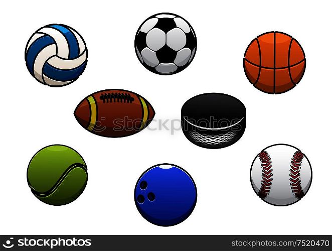 Sport balls vector isolated icons set. Gaming sport ball and equipment elements for soccer, rugby, football, baseball, basketball, tennis, hockey puck, bowling, volleyball. Sport balls vector isolated icons set