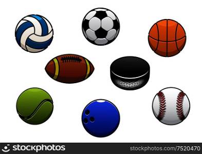 Sport balls vector isolated icons set. Gaming sport ball and equipment elements for soccer, rugby, football, baseball, basketball, tennis, hockey puck, bowling, volleyball. Sport balls vector isolated icons set