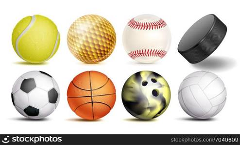 Sport Balls Vector. Set Of Soccer, Basketball, Bowling, Tennis, Golf, Volleyball, Baseball Balls. Hockey Puck. Isolated Illustration. Sport Ball Set Vector. 3D Realistic. Popular Sports Balls Isolated On White Background Illustration