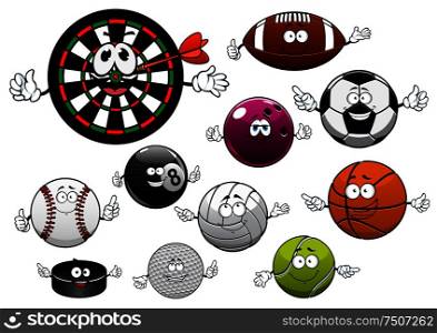 Sport balls with football or soccer, basketball, rugby, bowling, tennis, billiards, volleyball, golf baseball hockey puck and dartboard with arrow. Cartoon dartboard, puck and sport balls