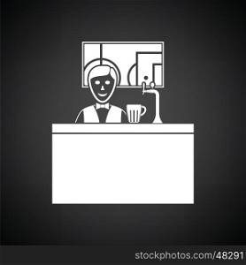 Sport bar stand with barman behind it and football translation on tv icon. Black background with white. Vector illustration.