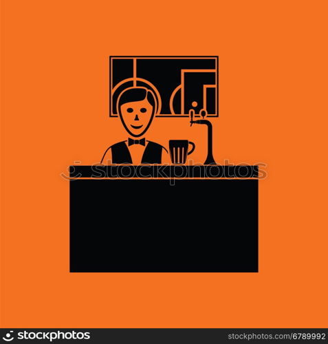 Sport bar stand with barman behind it and football translation on tv icon. Orange background with black. Vector illustration.