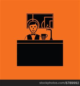 Sport bar stand with barman behind it and football translation on tv icon. Orange background with black. Vector illustration.