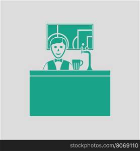 Sport bar stand with barman behind it and football translation on tv icon. Gray background with green. Vector illustration.