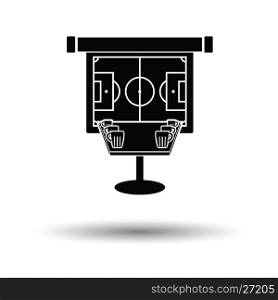 Sport bar table with mugs of beer and football translation on projection screen icon. White background with shadow design. Vector illustration.