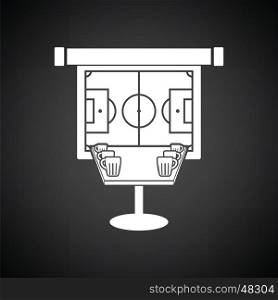 Sport bar table with mugs of beer and football translation on projection screen icon. Black background with white. Vector illustration.