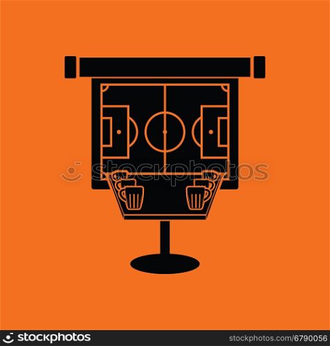 Sport bar table with mugs of beer and football translation on projection screen icon. Orange background with black. Vector illustration.