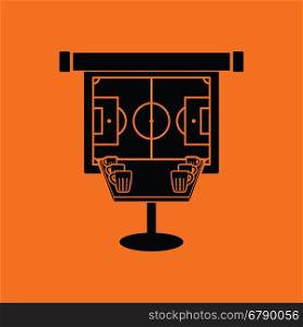 Sport bar table with mugs of beer and football translation on projection screen icon. Orange background with black. Vector illustration.
