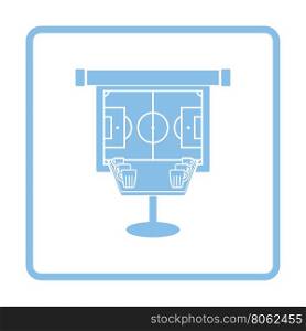 Sport bar table with mugs of beer and football translation on projection screen icon. Blue frame design. Vector illustration.