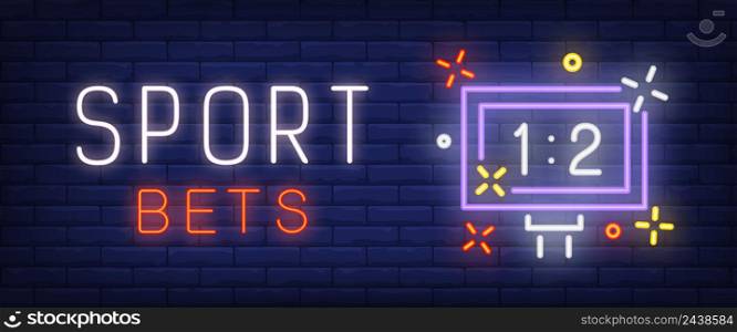 Sport bets neon text with scoreboard. Sport and betting advertisement design. Night bright neon sign, colorful billboard, light banner. Vector illustration in neon style.