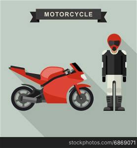 Sport bike with biker.. Red sport bike with biker in flat style. Motorcycle vector illustration.