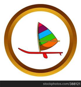 Sport boat with a sail vector icon in golden circle, cartoon style isolated on white background. Sport boat with a sail vector icon