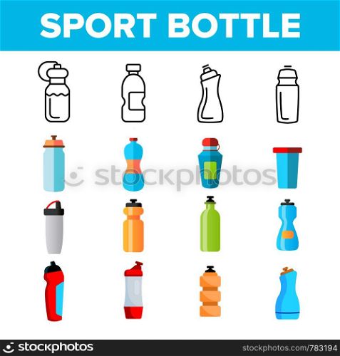 Sport Bottle, Fitness Accessory Vector Thin Line Icons Set. Sport Bottle, Plastic, Metal Container for Water Linear Pictograms. Reusable Accessory to Quench Thirst in Gym Color Symbols Collection. Sport Bottle, Fitness Accessory Vector Thin Line Icons Set