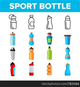 Sport Bottle, Fitness Accessory Vector Thin Line Icons Set. Sport Bottle, Plastic, Metal Container for Water Linear Pictograms. Reusable Accessory to Quench Thirst in Gym Color Symbols Collection. Sport Bottle, Fitness Accessory Vector Thin Line Icons Set