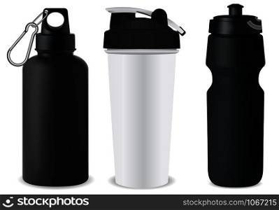 Sport bottle set. Water flask mockup. Protein can blank illustration. Nutrition powder canister 3d template. Stainless steel tin. Cycling recycle vessel. Retail package promotion. Gym container. Sport bottle set. Water flask mockup. Protein can