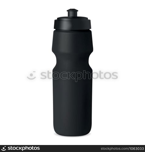 Sport bottle. Water flask vector mockup. Black plastic container with cap for branding. Reusable bicycle tin for fitness, training, workout. camping, hiking adventure equipment. Bike can illustration