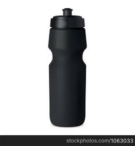 Sport bottle. Water flask vector mockup. Black plastic container with cap for branding. Reusable bicycle tin for fitness, training, workout. camping, hiking adventure equipment. Bike can illustration