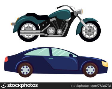 Sport car isolated transportation. Vehicle transport of cool modern type and shape. Motorbike and bike with seat, lorry. Buy new car and moto bike. Vector illustration in flat cartoon style. Sport Car and Motorbike, Vehicle Transport