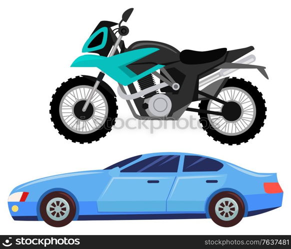 Sport car isolated transportation. Vehicle transport of cool modern type and shape. Motorbike and bike with seat, lorry. Buy new car and moto bike. Vector illustration in flat cartoon style. Sport Car and Motorbike, Vehicle Transport