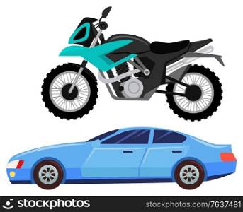 Sport car isolated transportation. Vehicle transport of cool modern type and shape. Motorbike and bike with seat, lorry. Buy new car and moto bike. Vector illustration in flat cartoon style. Sport Car and Motorbike, Vehicle Transport