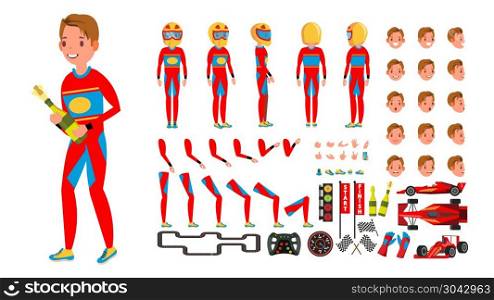 Sport Car Racer Male Vector. Red Uniform. Rally Race Car Driver. Animated Character Creation Set. Man Full Length, Front, Side, Back View. Auto Drawing Accessories, Emotions, Gestures. Illustration. Sport Car Racer Male Vector. Red Uniform. Rally Race Car Driver. Animated Character Creation Set. Man Full Length, Front, Side, Back View. Auto Drawing Accessories, Emotions. Illustration