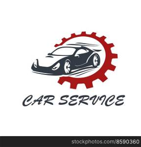 Sport car service icon, engine repair and auto mechanic garage, vector symbol. Sport cars and racing gears automotive maintenance or tuning and reparation station, racecar motors workshop icon. Sport car service icon, engine repair mechanic