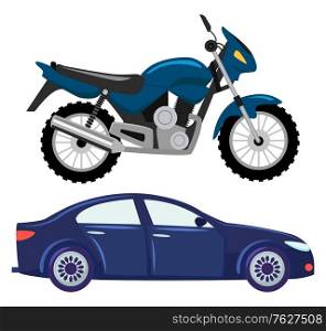 Sport car vector isolated transportation. Vehicle transport of cool modern type and shape. Motorbike and bike with seat, lorry. Buy new car and moto bike. Flat cartoon. Sport Car and Motorbike, Vehicle Transport
