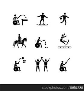Sport championship black glyph icons set on white space. Varied athletic events. Training and competitive activity. Athletes with physical disablility. Silhouette symbols. Vector isolated illustration. Sport championship black glyph icons set on white space