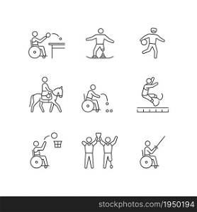 Sport championship linear icons set. Varied athletic disciplines. Athletes with physical disability. Customizable thin line contour symbols. Isolated vector outline illustrations. Editable stroke. Sport championship linear icons set