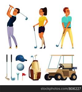 Sport characters and various tools for golf players. Vector cartoon mascots. Illustration of sport player golf, leisure golfer, play and recreation. Sport characters and various tools for golf players. Vector cartoon mascots
