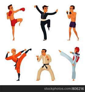 Sport characters in action poses. Taekwondo karate fighters. Set of pose martial art sport, vector illustration. Sport characters in action poses. Taekwondo karate fighters
