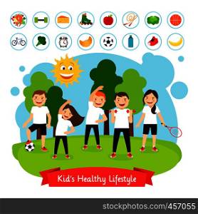Sport children summer activity. Happy smiling kids active healthy lifestyle and healthy food vector illustration. Sport children summer activity