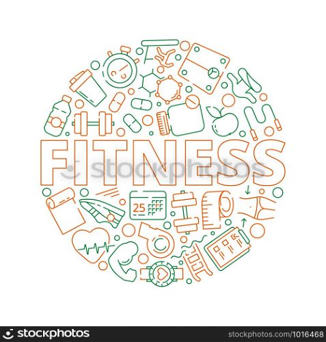 Sport circle background. Fitness symbols in round shape gym sport personal training coaching vitamins healthy vector concept. Illustration of sport healthcare, vitamin and diet. Sport circle background. Fitness symbols in round shape gym sport personal training coaching vitamins healthy vector concept