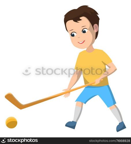 Sport club for pupils after lessons. Boy playing field hockey on grass with sticks and ball. Team game for active leisure time after classes. Back to school concept. Flat cartoon vector illustration. Boy in Sport School Club Playing Field Hockey