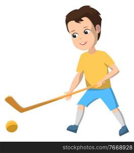 Sport club for pupils after lessons. Boy playing field hockey on grass with sticks and ball. Team game for active leisure time after classes. Back to school concept. Flat cartoon vector illustration. Boy in Sport School Club Playing Field Hockey