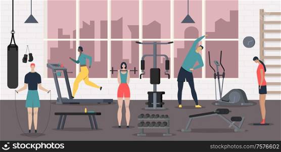 Sport club people composition with view of fitness hall with sports equipment and flat human characters vector illustration. Sport Club People Composition