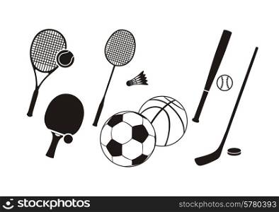 Sport collection icon set in black color on white background. Hockey, bat, stick, racket, tennis, baseball, badminton, tennis ball, ping pong silhouettes