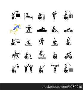 Sport competition black glyph icons set on white space. Professional competitive event. Athletes and sportsmen with disability. Silhouette symbols. Vector isolated illustration collection. Sport competition black glyph icons set on white space